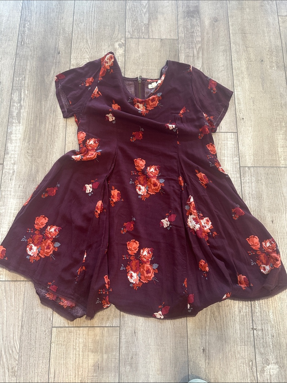 silence + noise Burgundy Floral Mini Dress with Red Rose Print